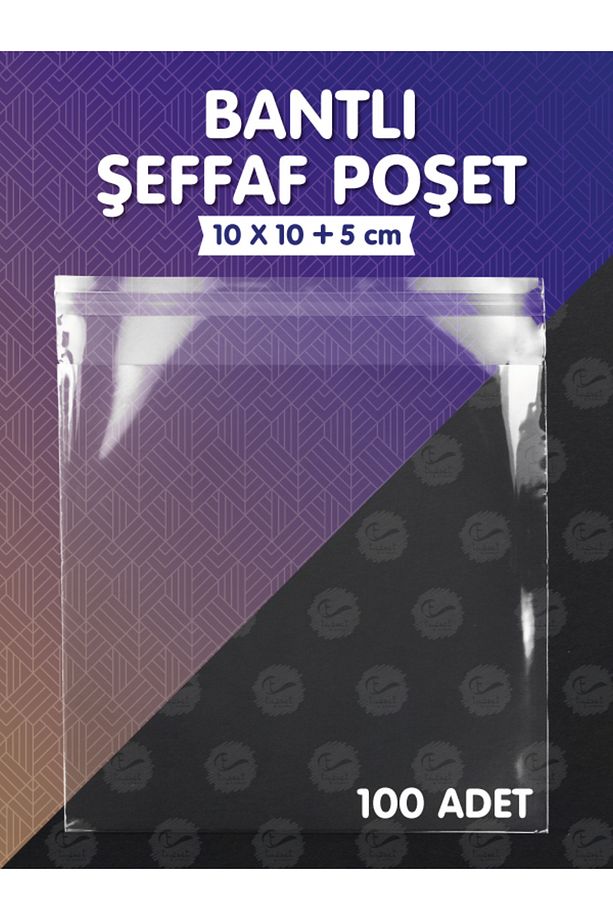 Bantlı Şeffaf Poşet (10x10+5cm)   100 Adet Parlak Jelatin Paket Poşeti -T1162 - 1