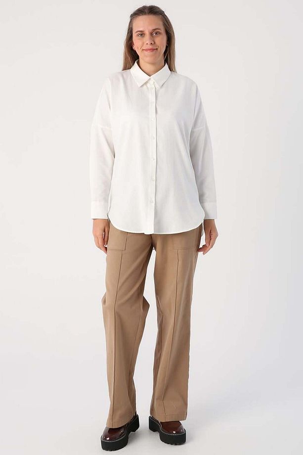 Ekru-Oversize Basic Gömlek - 4