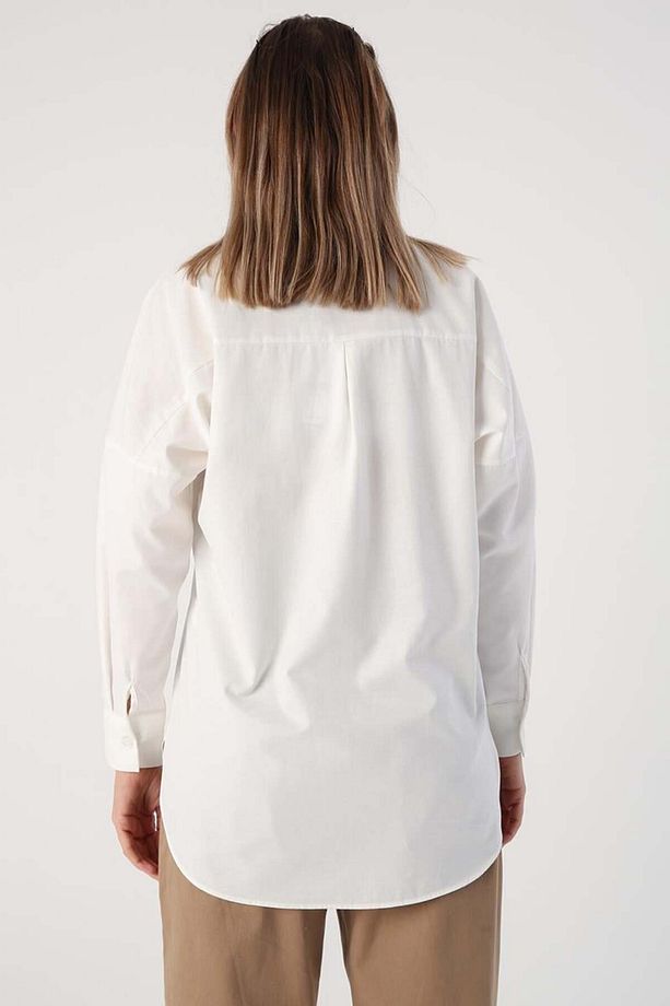 Ekru-Oversize Basic Gömlek - 3