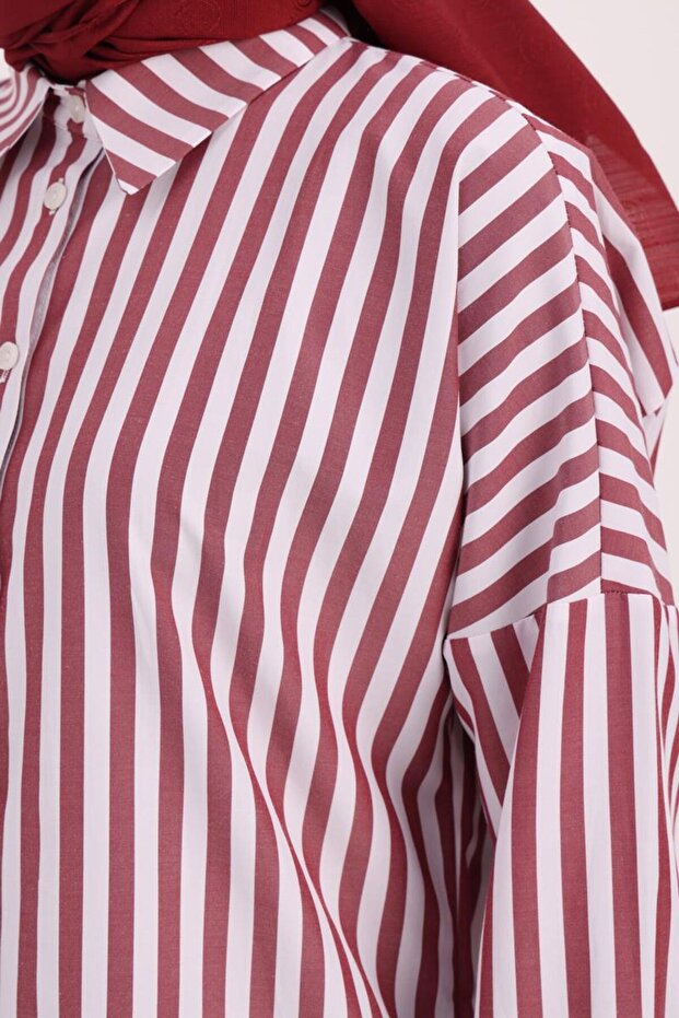 Bordo-Beyaz-Oversize Basic Gömlek - 5