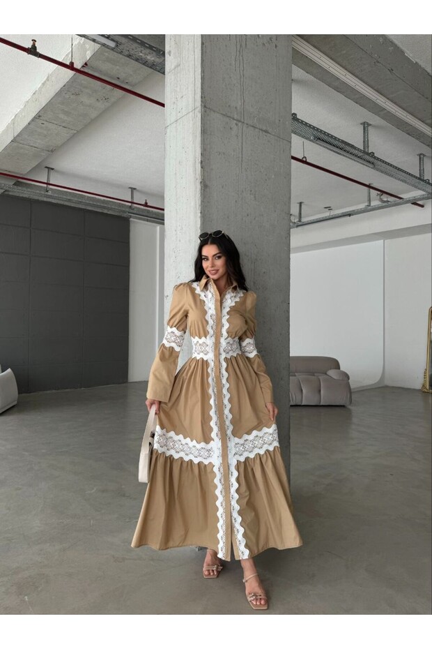 Imported Poplin Fabric & Lace Detail Dress - Beige - 42120