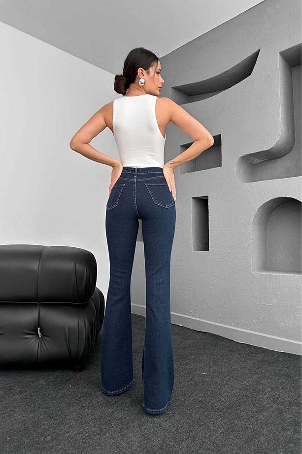 Las Vegas Koyu Mavi Ispanyol Paça Likralı Flare Jeans Kot Pantolon - 5