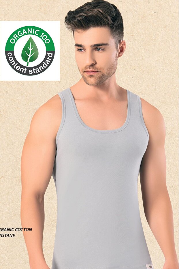 3 Adet, Organik Pamuklu & Likralı, Erkek Atlet Gri, OCS Sertifikalı - 1