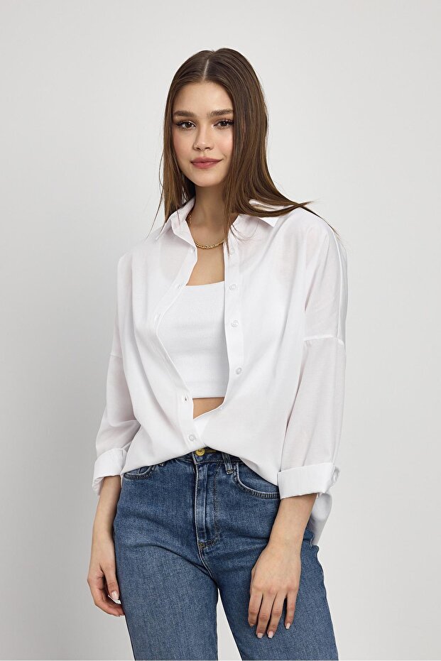 Beyaz Relaxed Fit Rahat Kesim Basic Gömlek - 6621a