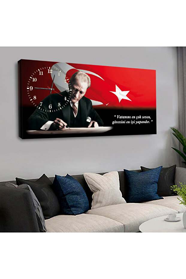 Zevahir Mobilya Dekorasyon Kanvas Türk Bayrağı Arka Planlı Mustafa Kemal Atatürk Saatli Tablo