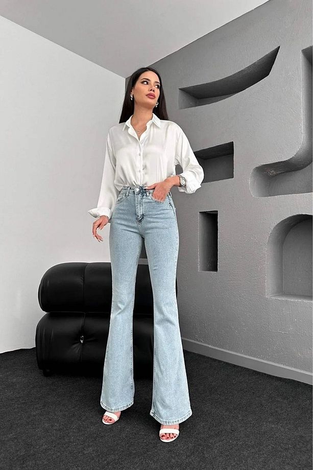 Alfa Mavi Açık Kar Yıkama Ispanyol Paça Likralı Flare Jeans Kot Pantolon - 3