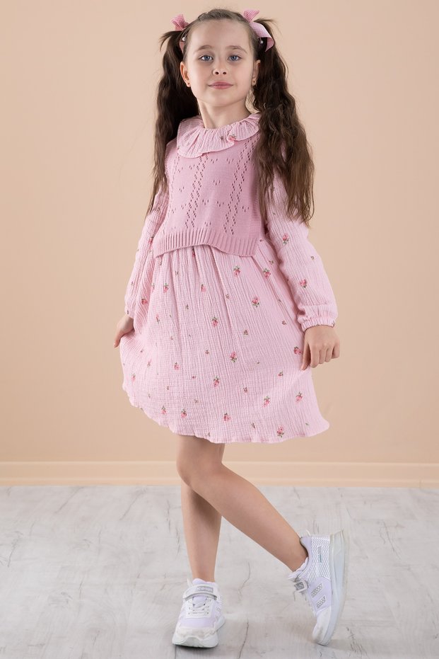 Pink Floral Print Sweater Girl's Dress 20225
