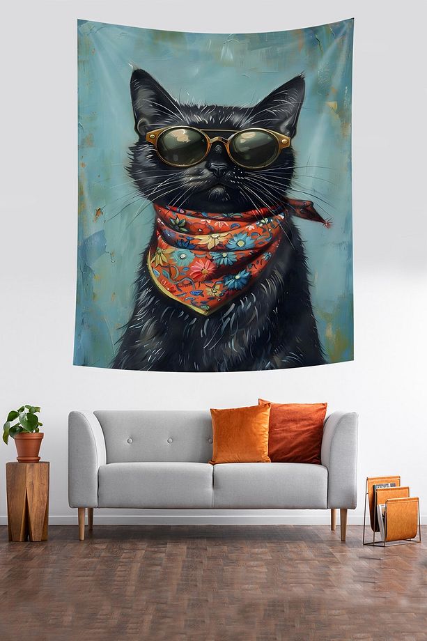 Retro Sanatsal Entelektüel Kedi Kediler İyileştirir Leke Tutmaz Duvar Örtüsü Duvar Halısı Tapestry - 1
