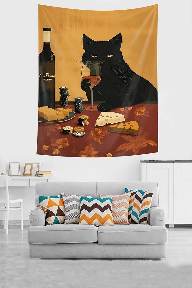 Siyah Karizma Şarapçı Kedi Kediler İyileştirir Leke Tutmaz Kumaş Duvar Örtüsü Duvar Halısı Tapestry - 1