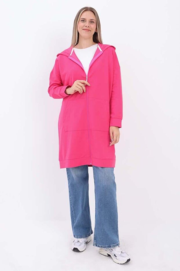 Fuşya-Fermuarlı Sweat Hırka - 1