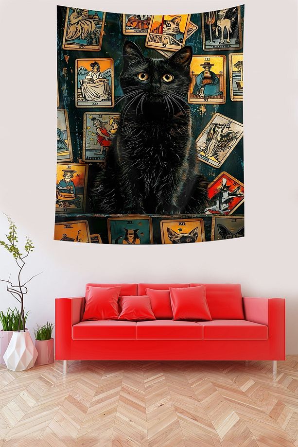 Tarot Kartları ve Sevimli Siyah Kedi Leke Tutmaz Kumaş Duvar Örtüsü Duvar Halısı Tapestry - 1