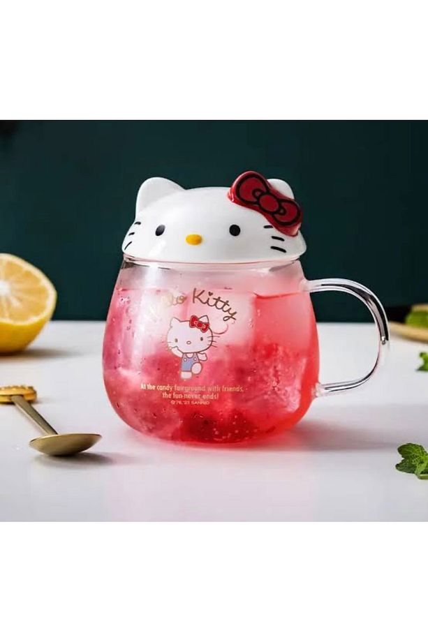 Cam bardak Hello Kitty Anime figürü kaşık süt suyu içecekleri ile kapak ile 400Ml su bardağı kahve - 4