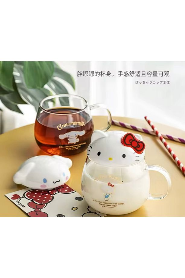 Cam bardak Hello Kitty Anime figürü kaşık süt suyu içecekleri ile kapak ile 400Ml su bardağı kahve - 3