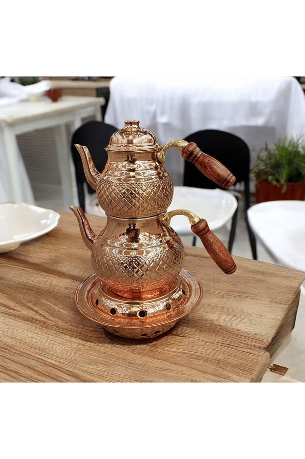 Bakır Çaydanlık & Bakır Demlik Osmanlı Ocaklı Piramit Desenli El Yapımı Büyük Boy Çaydanlık - 2