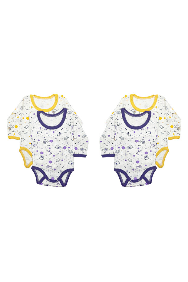 4 Pack Long Sleeve Baby Bodysuit with Snap Fasteners - Lilac - Yellow
