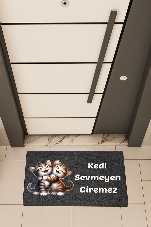 Yüksek Kaliteli Dijital Baskı Siyah, sevimli, kedi sevmeyen Giremez temalı Kapı Önü Paspası - 3