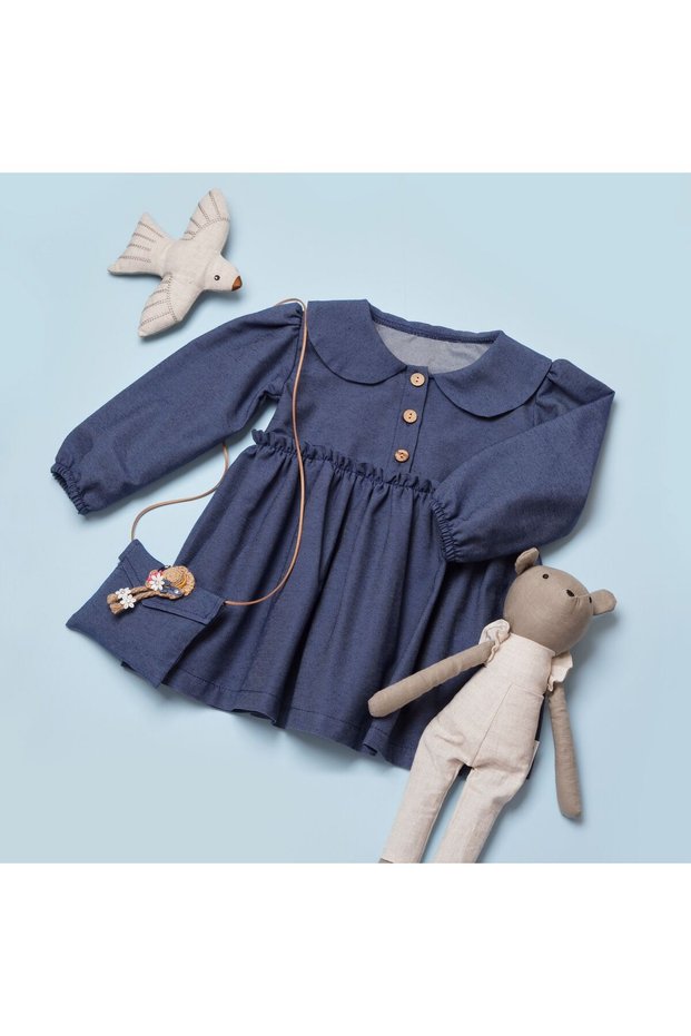 Denim Look Cotton Linen (with Bag) Children's Holiday Dress