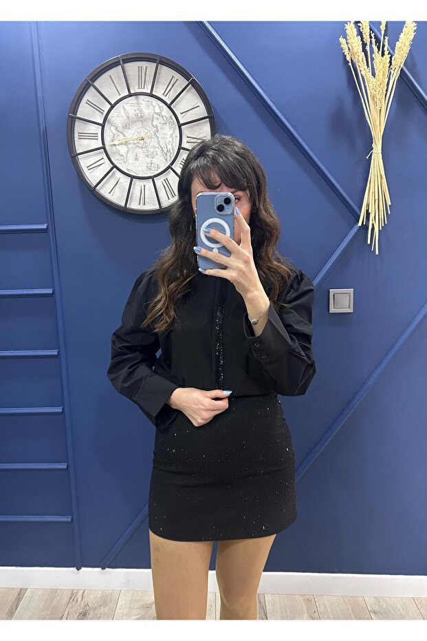 Taşlı Siyah Gömlek - 3