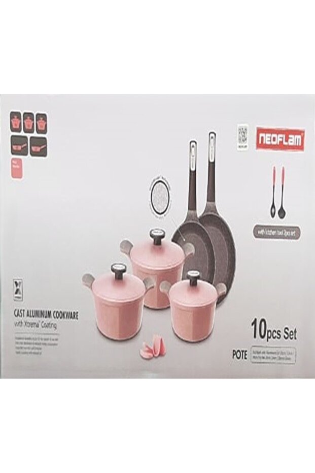 ,Pote,10pcsCooking set+Gift,Die cast aluminum,Ecolon coating,non stick,Pink Marble color.