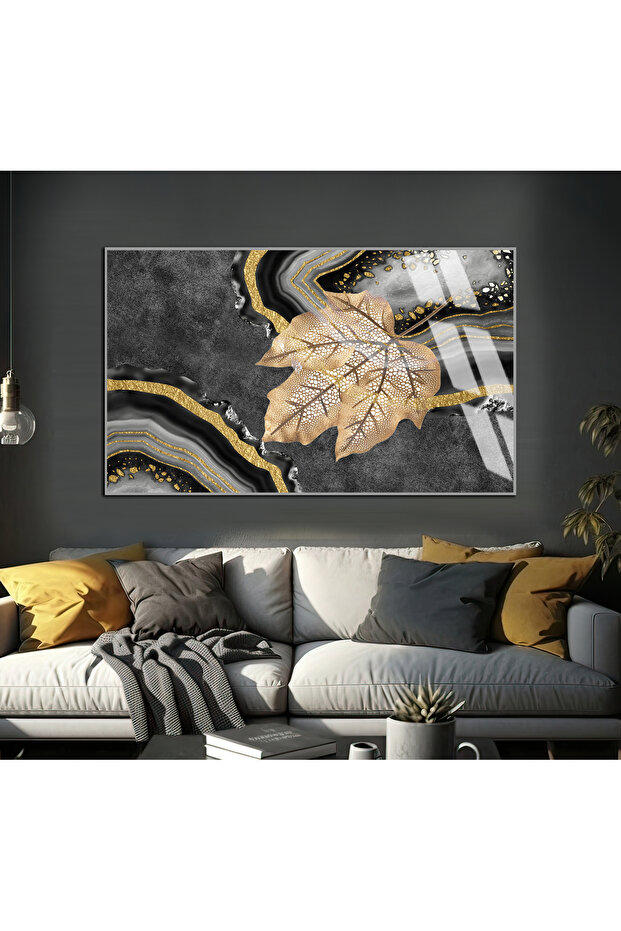 Hari̇kabi̇rev | Gray-Gold Abstract Leaf Patterned Model | Framed Tempered Glass Table Single Horizontal