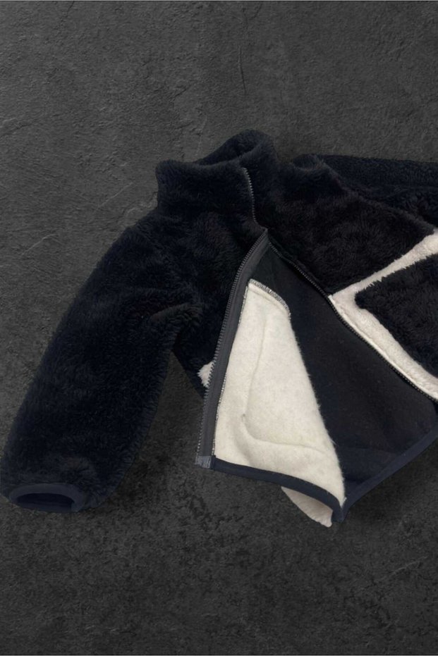 Sports Boy's Plush Black Ecru Zippered Welsoft Winter Sports Coat