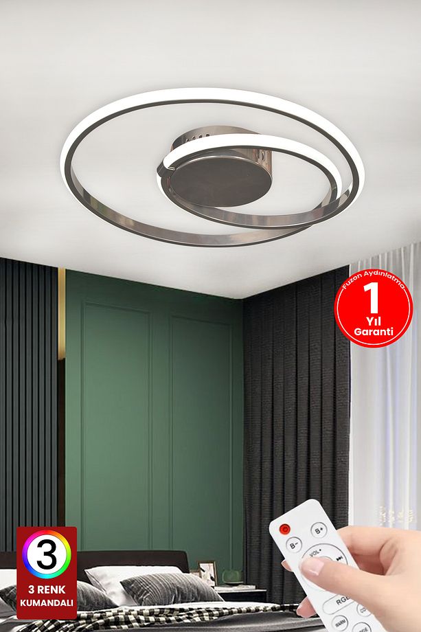 3 Renk Plafonyer Kumandalı Krom Kasa Led Avize Modern Mars Ledli Avize - 1