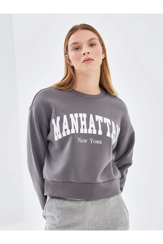 Lcw Vision Gray Crew Neck Printed Oversize Women's Thick Sweatshirt