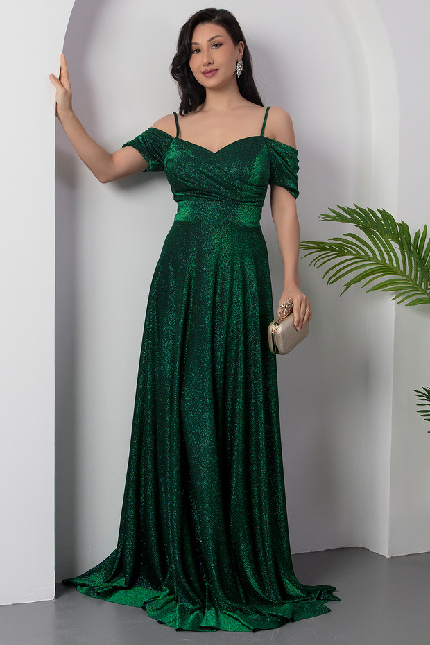 Düşük Omuz Askılı Simli Elbise 39949 - 1