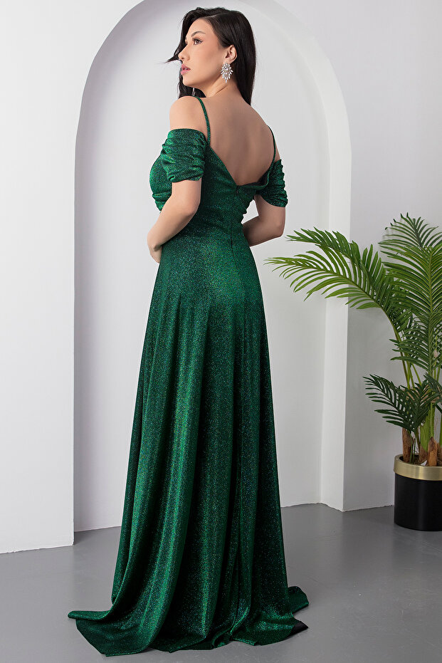 Düşük Omuz Askılı Simli Elbise 39949 - 6