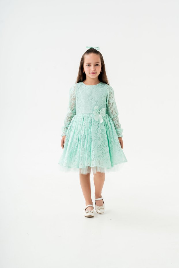 Girl's Evening Dress, Lace Sleeves, Bow Detail, Buckle Gift, 4-7 Years Old