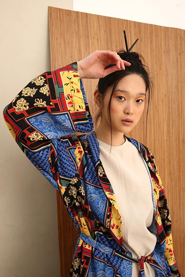 Black-Blue Patterned Kimono - 1