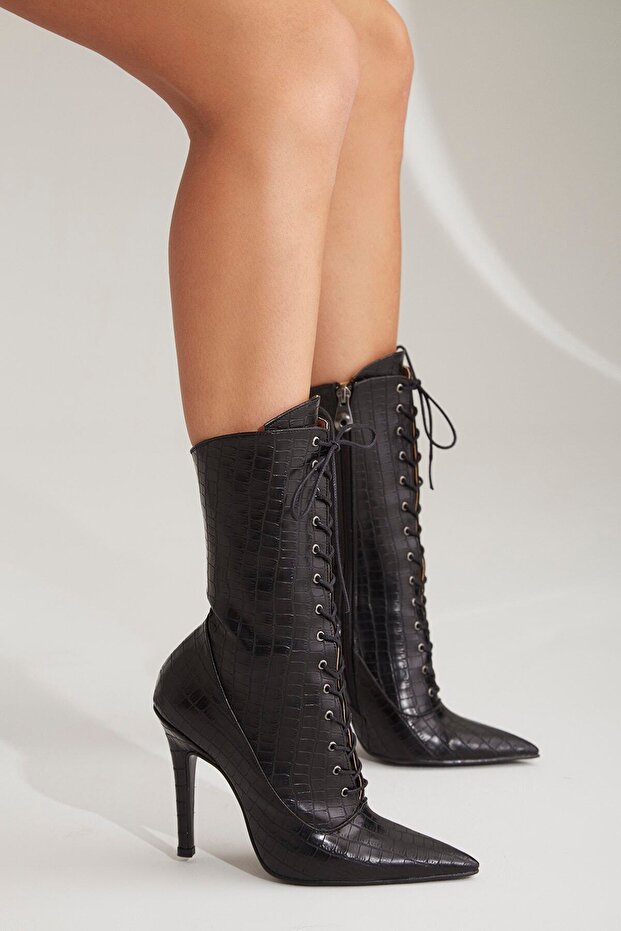 Nemesis Lace-Up Black Crocodile 10 cm Women's Boots & Bootie, High Heels