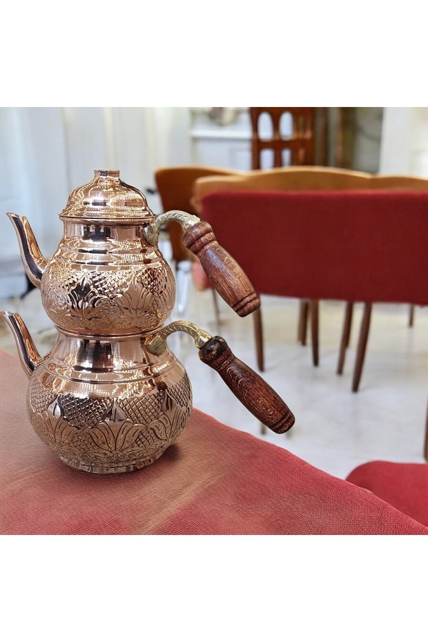 Bakır Çaydanlık & Bakır Demlik Çiçek Desenli Bakır Çaydanlık Büyük Boy Aile Boy - 3
