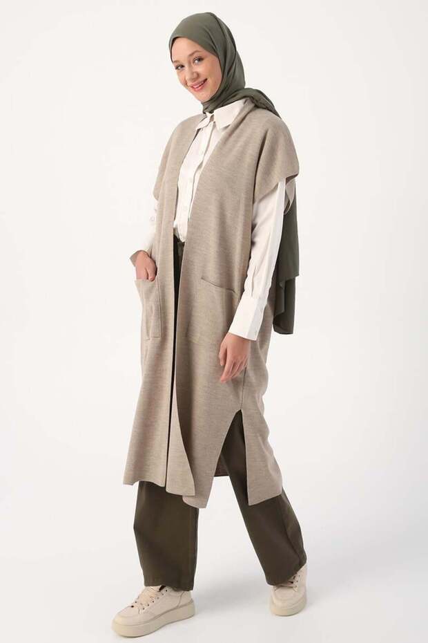 Taş Melanj-Cepli Uzun Triko Yelek - 1