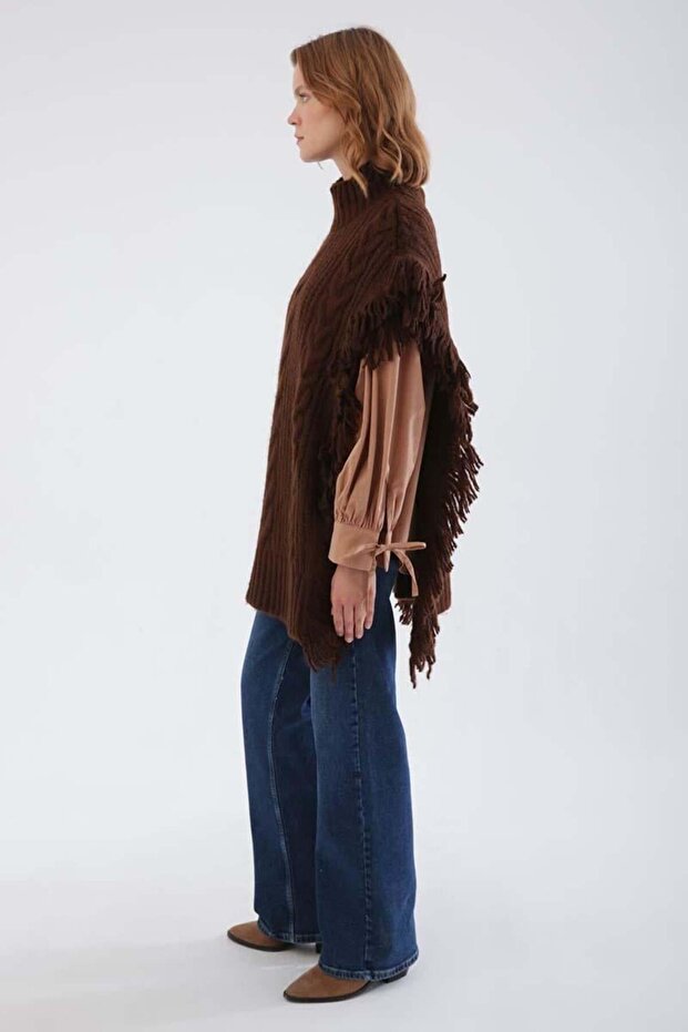 Kahve-Saçaklı Triko Panço - 3