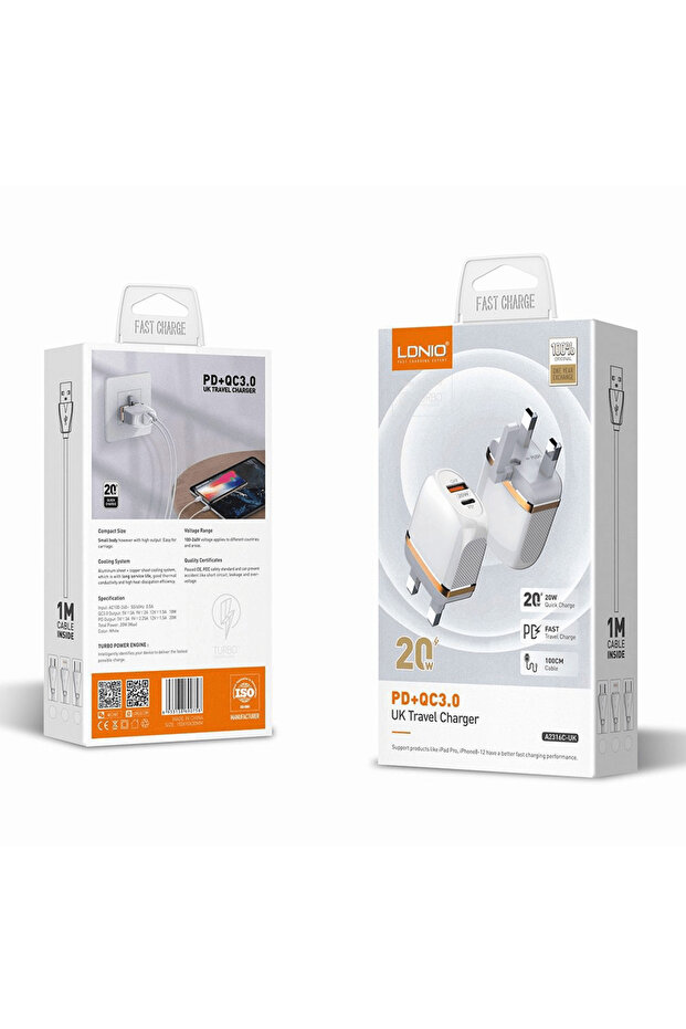 شاحن سفر بريطاني - 2 منفذ USB PD + QC3.0 - 20 وات
