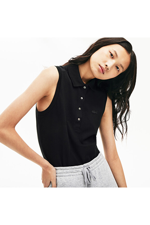 L.12.D Kadın Slim Fit Kolsuz Siyah Polo - 1