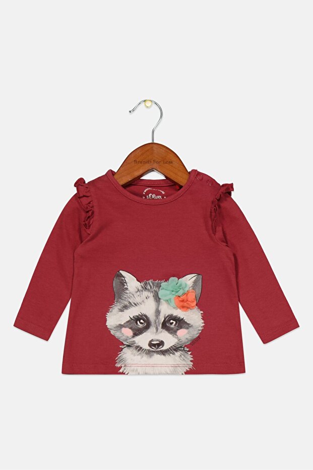 Toddlers Girl Crew Neck Printed Long Sleeve Tops, Old Red