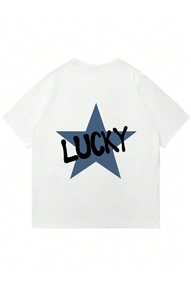 تيشيرت نسائي كبير الحجم مطبوع عليه Lucky برقبة دائرية