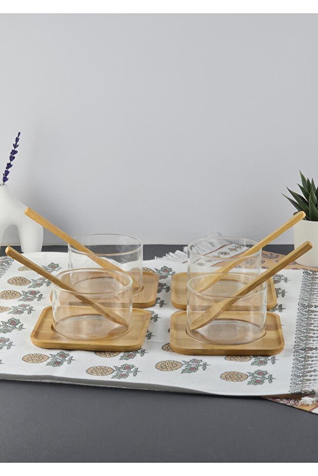 Borosilicate Glass Souffle Set - 4-Piece Bowl Set with Bamboo Plate - 12 Pieces - 250 ml