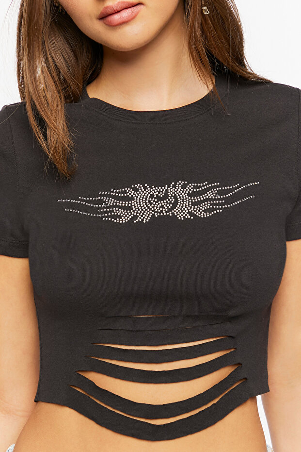 Rhinestone Grafik Kısa Tişört - 6