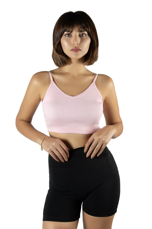 Pembe İp Askılı Fitted/Vücuda Oturan Fitilli Örme Crop Top Bluz - 1