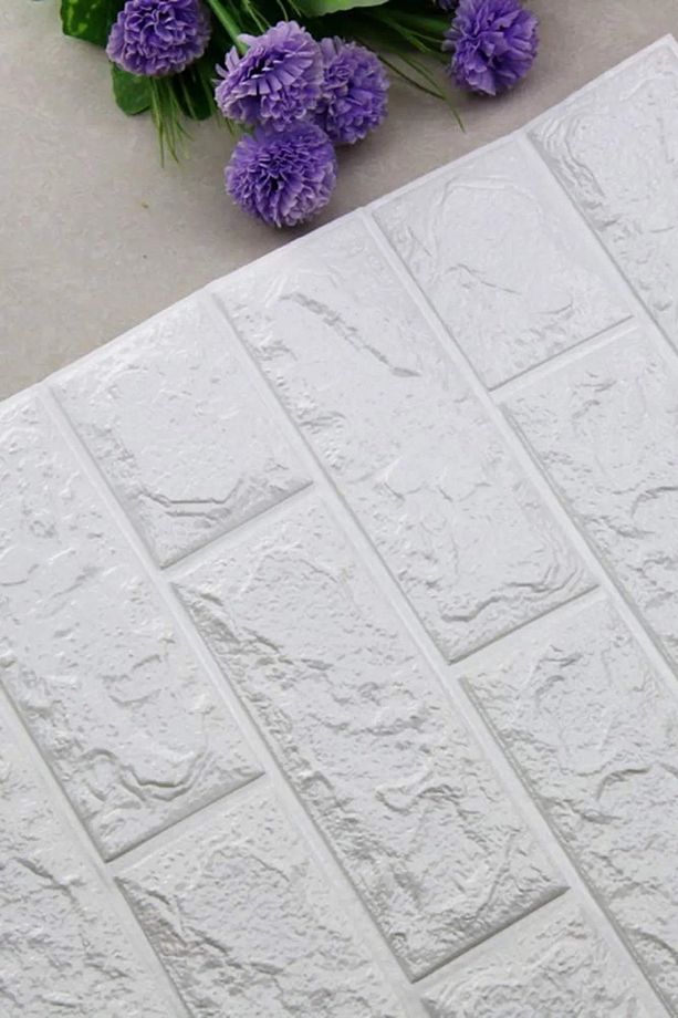 Yeni 70x77 Cm 0,54 M² Kendinden Yapışkanlı Duvar Sticker 3D Esnek Köpük Kendin Yap Beyaz Taş Desen - 7