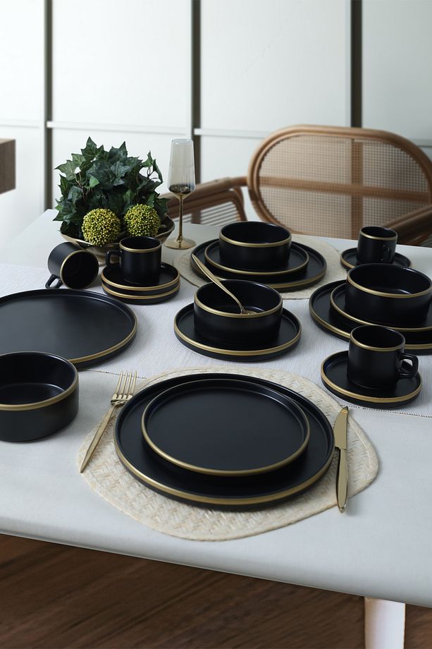 Mat Siyah Gold Fileli Stackable Yemek / Kahvaltı Takımı 20 Parça 4 Kişilik - 1