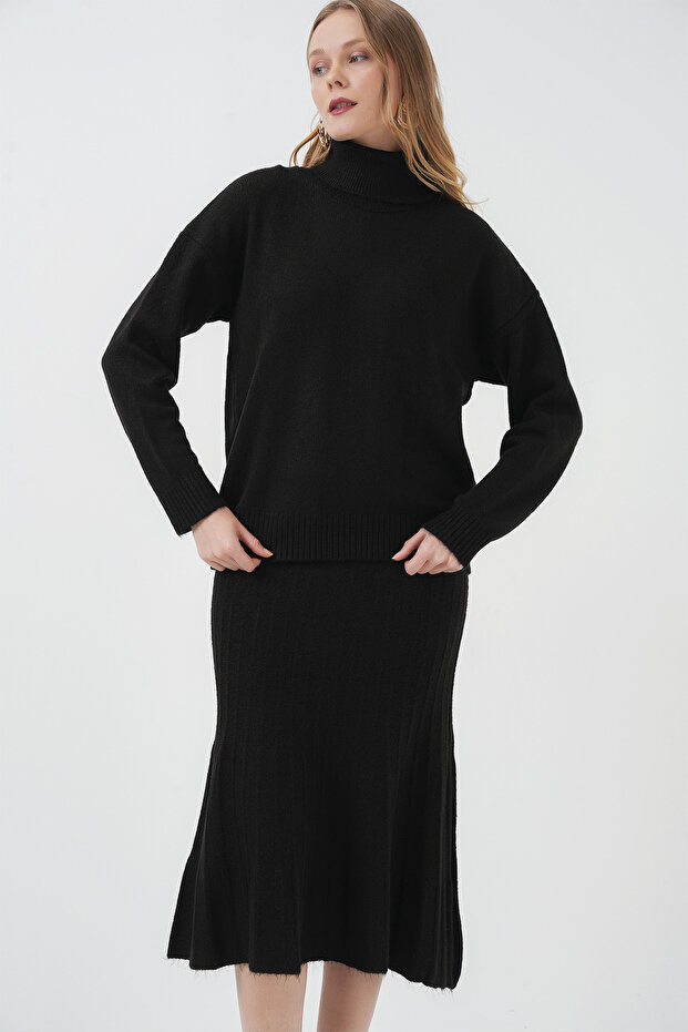 15892 Sweater Skirt Knitwear Two-Piece Set - Black