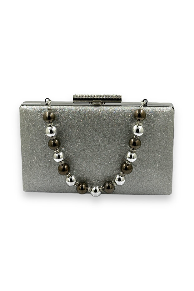 Silver Kumsim Imported Evening Dress Bag with Silicone Coated Pearl Strap Evening Bag Henna
