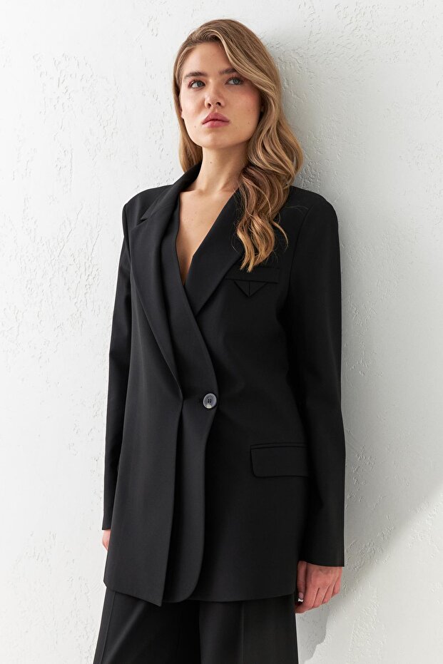 Black Asymmetrical Button Detailed Long Jacket - 1
