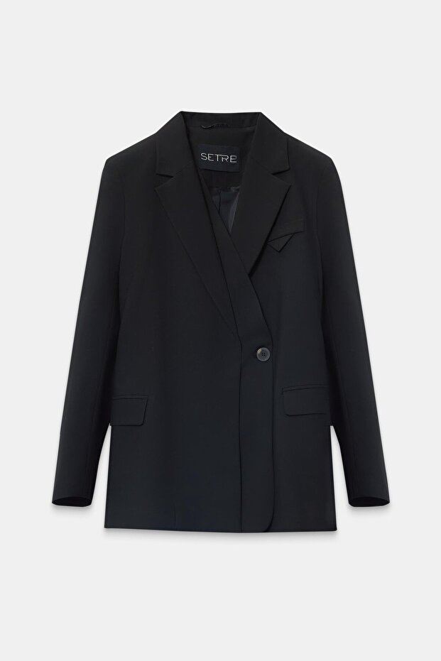 Black Asymmetrical Button Detailed Long Jacket - 6