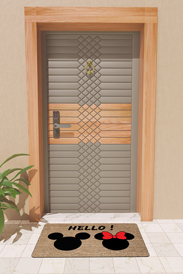 Modern Dijtal Baskı Kahverengi Hello Mick Mouse Kapı Önü Paspası - 2