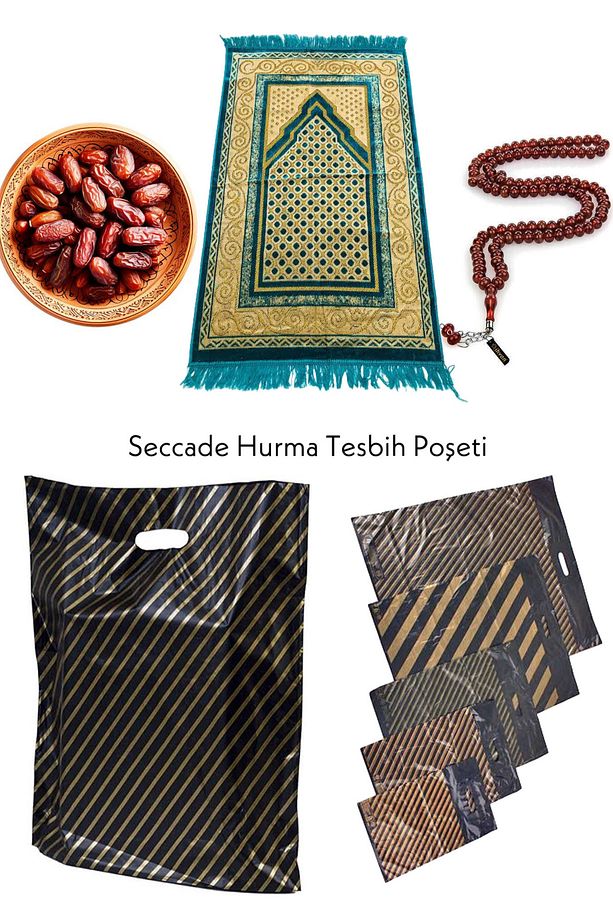 50 Adet 33x45 Cm Hac Umre Dönüşü Namazla Seccade Poşeti Sarı Siyah Çizgili Siyah Mağaza Poşeti 3 No - 1
